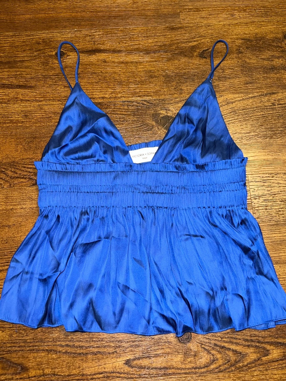 Victoria + Sophia Royal Blue Satin Smocked Babydoll Y2K Cami Tank Top Size L